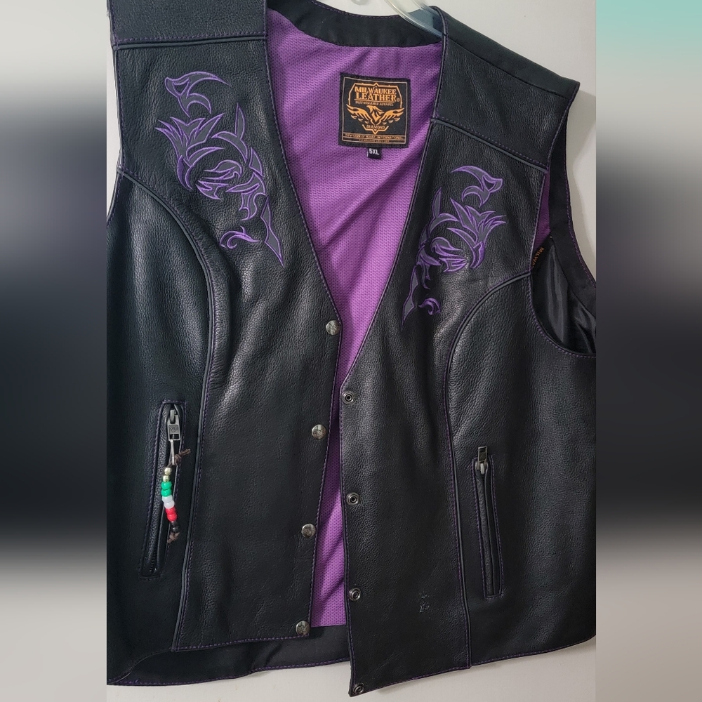 Black Leather Vest with Purple Floral Design